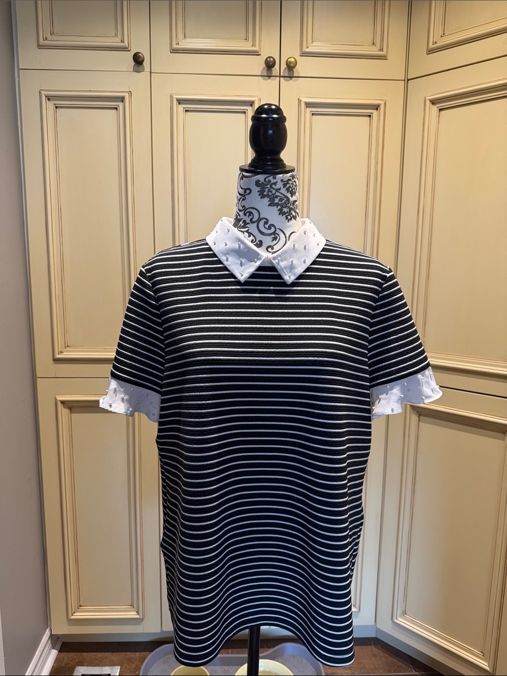 Karl Lagerfield Black & White Striped Polo Shirt with Contrast Collar